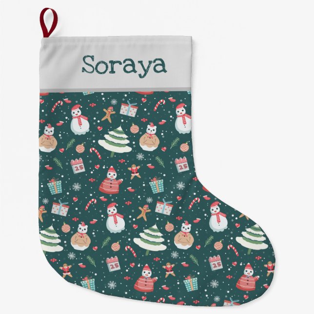 Adorable Snowman Christmas Pattern Large Christmas Stocking (Front)