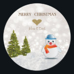 Adorable Snowman,Christmas Tree,Snow Classic Round Sticker<br><div class="desc">Adorable snowman , christmas tree on snow  on glittery  background.</div>
