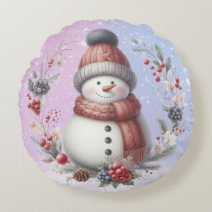 Adorable Snowman Christmas Wreath Round Pillow