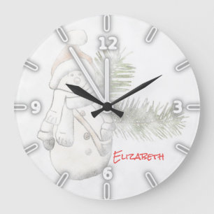 Adorable Snowman Wiith Santa Hat -Personalized Large Clock