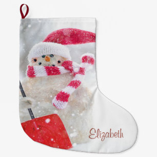 Adorable Snowman With Santa Hat - Personalized Large Christmas Stocking