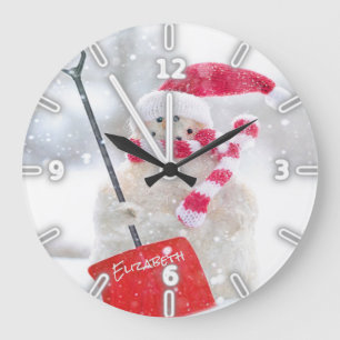 Adorable Snowman With Santa Hat -Personalized Large Clock