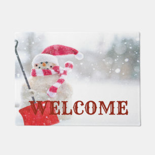 Adorable Snowman With Santa Hat ,Welcome Doormat