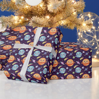Adorable Space Design Smiling Planets and Shooting Wrapping Paper
