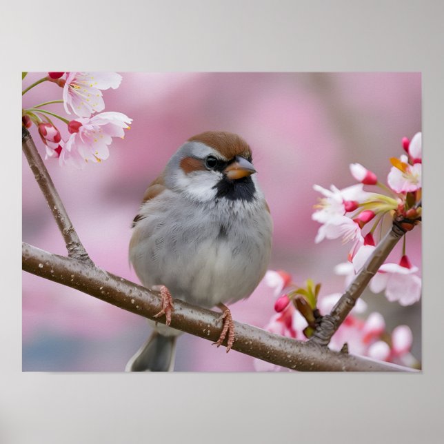 Adorable Sparrow Close-Up in Cherry Blossom Tree Poster (Front)