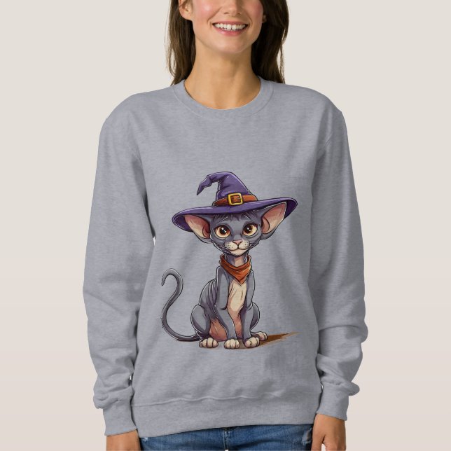 Adorable Sphynx Cat in Witch Hat Sweatshirt (Front)