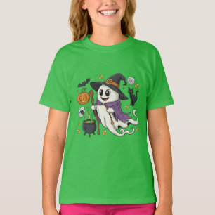 Adorable Spooky Ghost Witch with Pumpkin & Black C T-Shirt