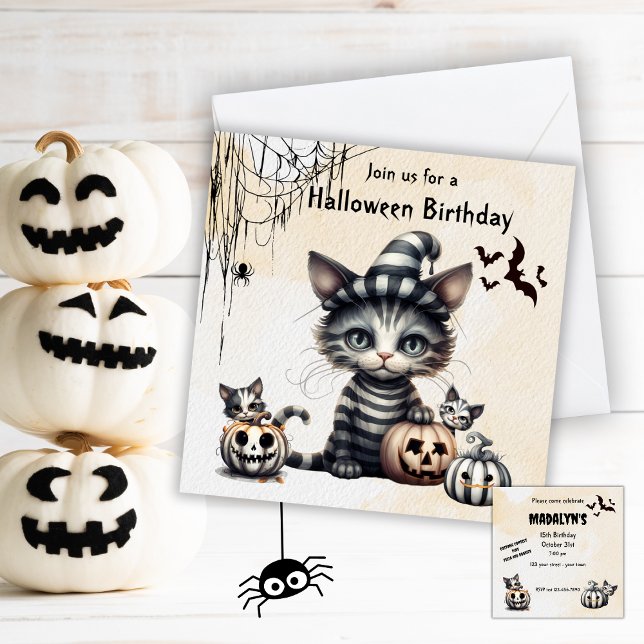 Adorable Spooky Halloween Kitten Birthday Party Invitation (Creator Uploaded)