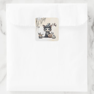 Adorable Spooky Halloween Kitten Square Sticker