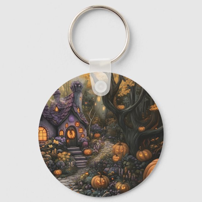Adorable Spooky House and Halloween Pumpkin Patch Keychain (Front)