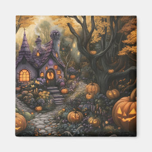 Adorable Spooky House and Halloween Pumpkin Patch Magnet
