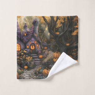 Adorable Spooky House and Halloween Pumpkin Patch Wash Cloth