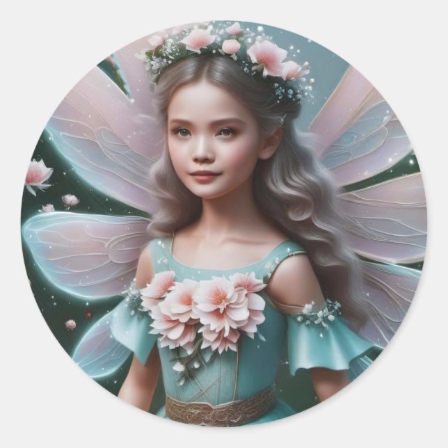 Adorable Spring Fairy Child Pink Floral Crown Classic Round Sticker (Front)