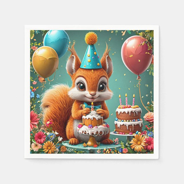Adorable squirrel Celebrating Birthday Napkin (Front)