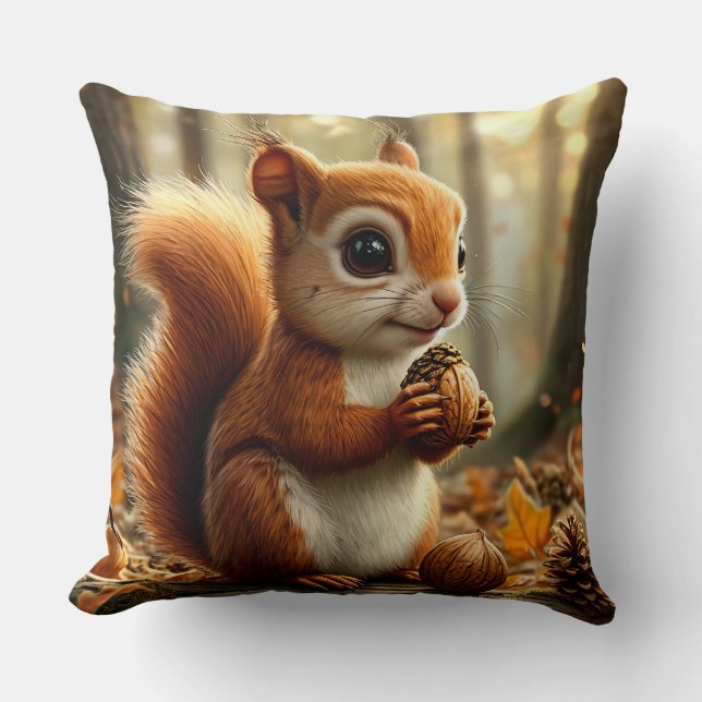 Adorable Squirrel Holding a Nut Throw Pillow (Front)