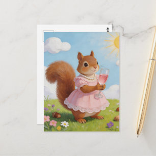 Adorable Squirrel in a Pink Dress with a Drink Postcard