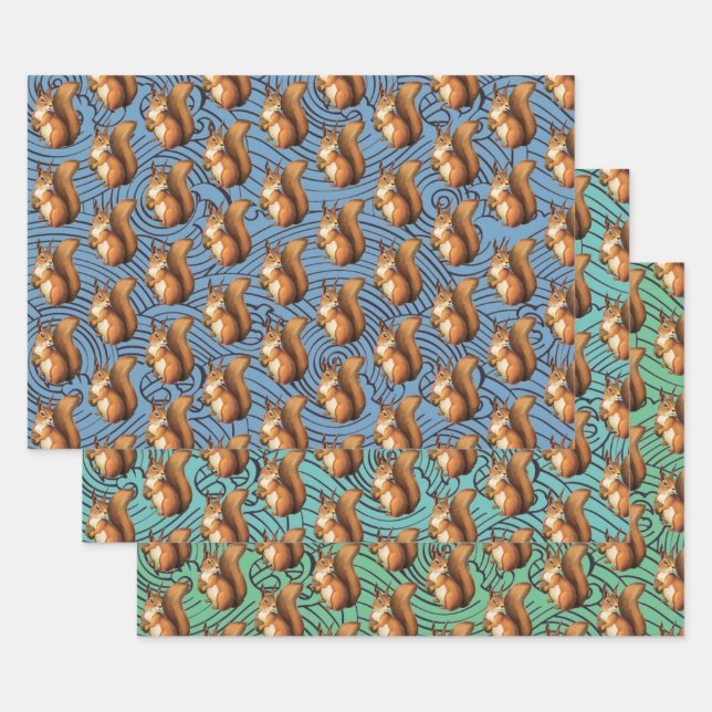 Adorable Squirrel Trio Set Wrapping Paper Sheet (Set)