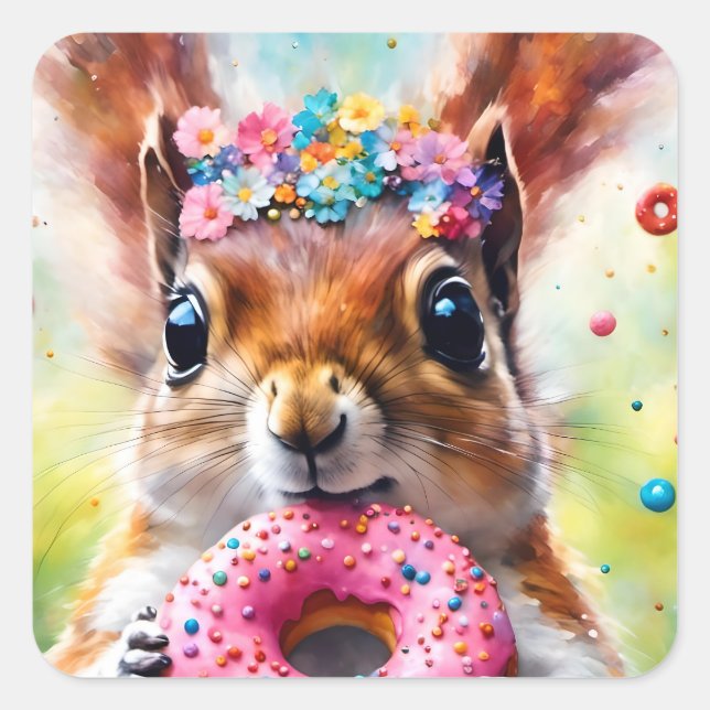 Adorable Squirrel With a Doughnut Square Sticker (Front)