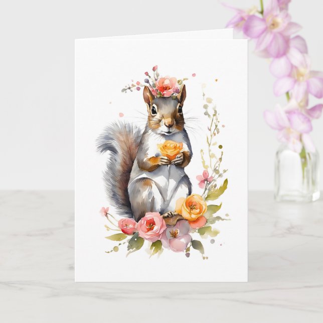 Adorable Squirrel with Spring Flowers Blank  Card (Orchid)