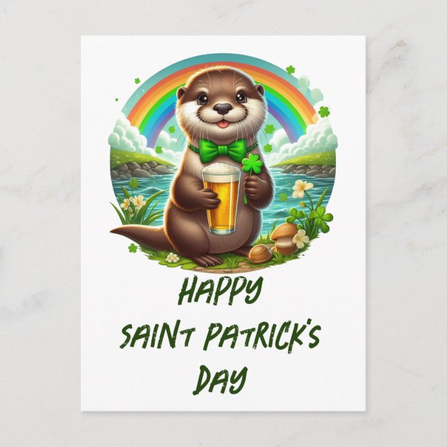 Adorable St. Patricks Day Otter With A Drink Postcard (Front)