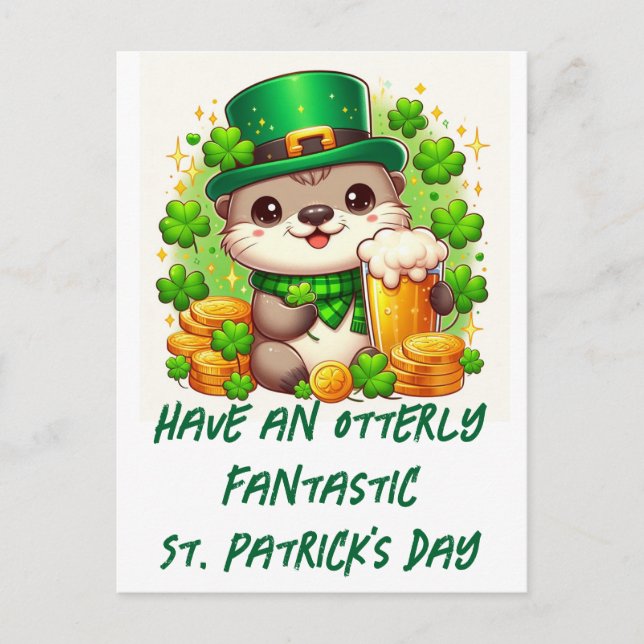 Adorable St. Patricks Day Otter With Beer and Gold Postcard (Front)