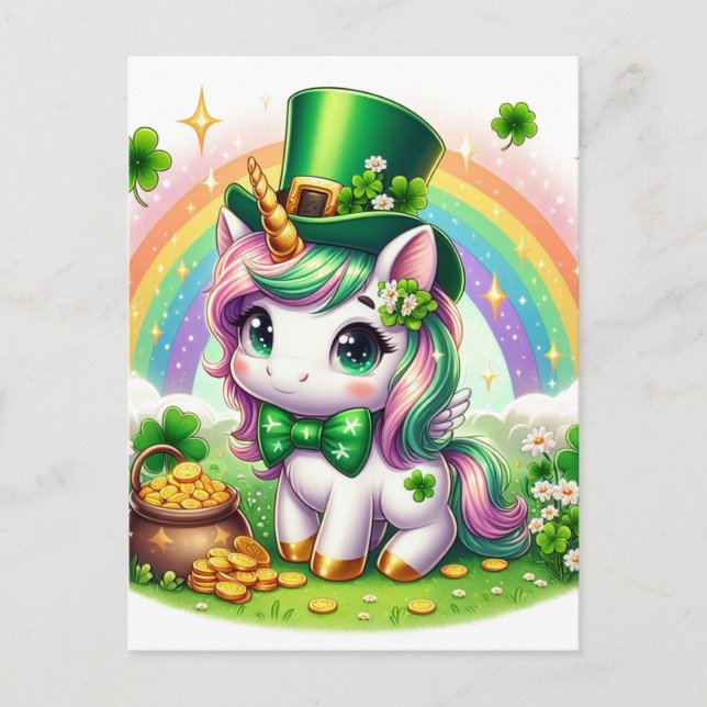 Adorable St. Patricks Day Unicorn Rainbow Gold Postcard (Front)