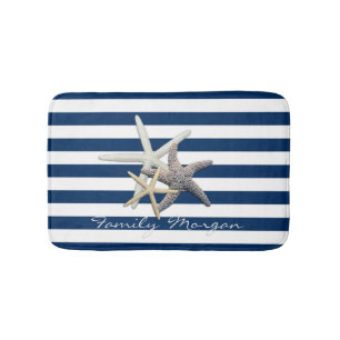 Adorable Starfish ,Navy Blue Stripes-Personalized Bath Mat