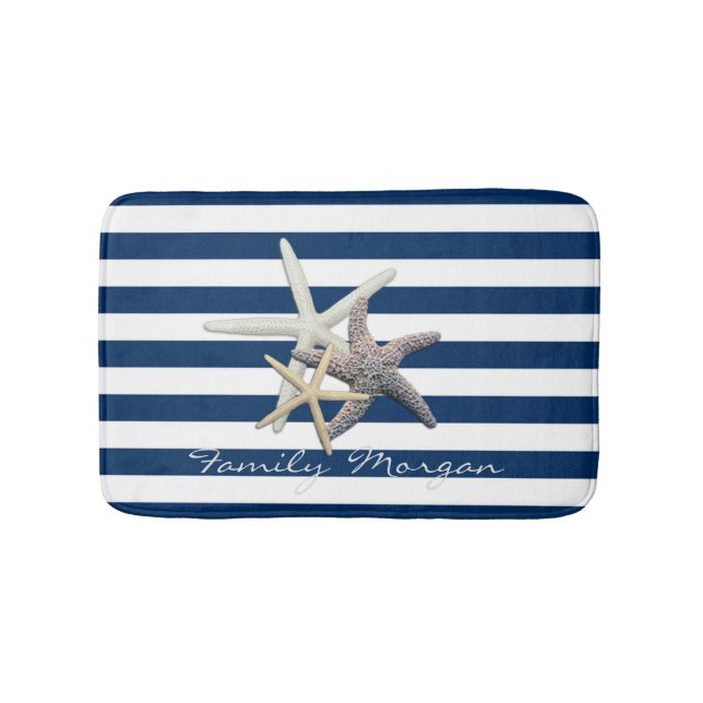 Adorable Starfish ,Navy Blue Stripes-Personalized Bath Mat (Front)