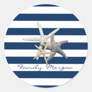 Adorable Starfish ,Navy Blue Stripes-Personalized Classic Round Sticker