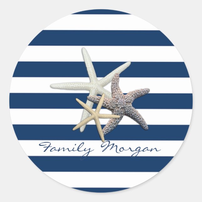 Adorable Starfish ,Navy Blue Stripes-Personalized Classic Round Sticker (Front)