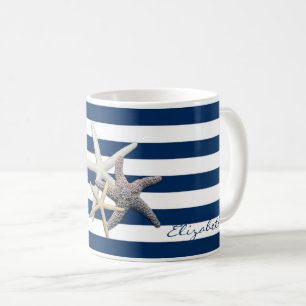 Adorable Starfish ,Navy Blue Stripes-Personalized Coffee Mug
