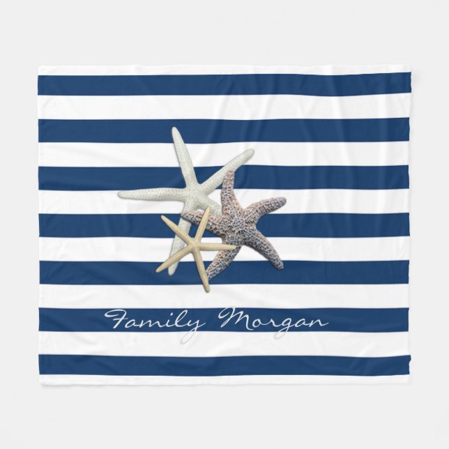 Adorable Starfish ,Navy Blue Stripes-Personalized Fleece Blanket (Front (Horizontal))