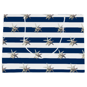 Adorable Starfish ,Navy Blue Stripes-Personalized Large Gift Bag