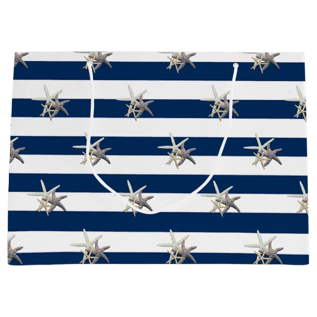 Adorable Starfish ,Navy Blue Stripes-Personalized Large Gift Bag (Front)