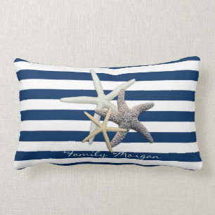 Adorable Starfish ,Navy Blue Stripes-Personalized Lumbar Pillow