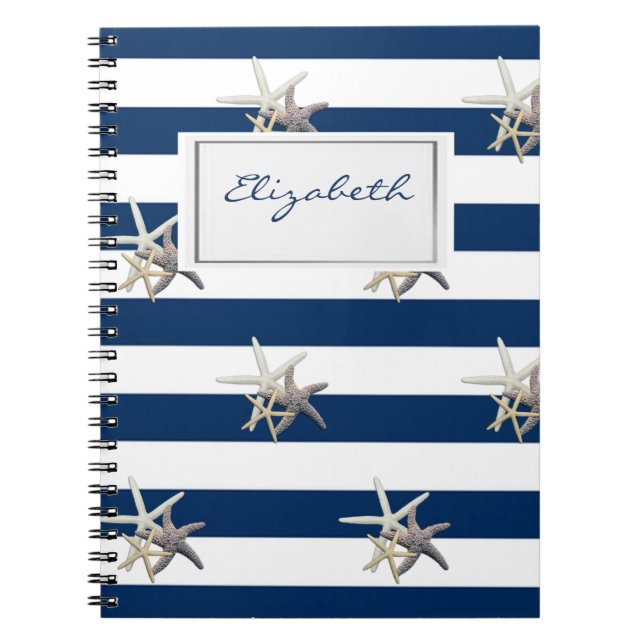 Adorable Starfish ,Navy Blue Stripes-Personalized Notebook (Front)