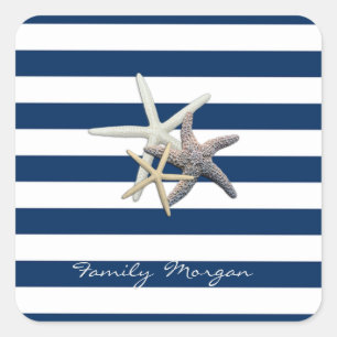 Adorable Starfish ,Navy Blue Stripes-Personalized  Square Sticker