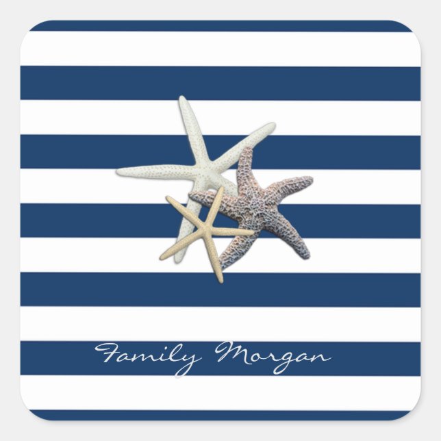 Adorable Starfish ,Navy Blue Stripes-Personalized  Square Sticker (Front)