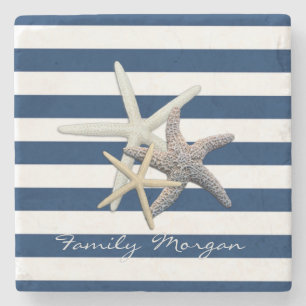 Adorable Starfish ,Navy Blue Stripes-Personalized Stone Coaster