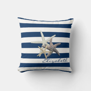 Adorable Starfish ,Navy Blue Stripes-Personalized Throw Pillow
