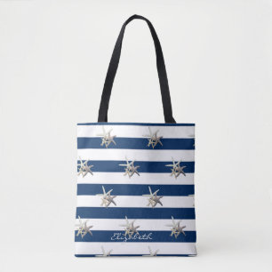 Adorable Starfish ,Navy Blue Stripes-Personalized Tote Bag