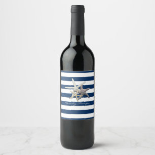 Adorable Starfish ,Navy Blue Stripes-Personalized  Wine Label
