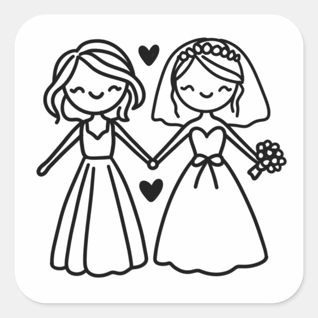 Adorable Stick Figure Lesbian Brides Wedding  Square Sticker (Front)