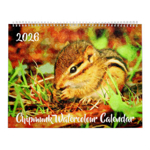 Adorable Striped Chipmunks Wildlife Watercolor Art Calendar