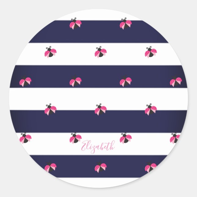 Adorable Striped,Ladybird -Personalized Classic Round Sticker (Front)