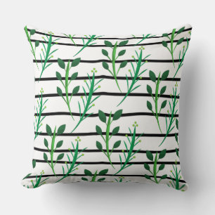 Adorable stripes black white green leaves modern throw pillow