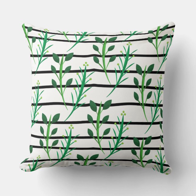 Adorable stripes black white green leaves modern throw pillow (Front)