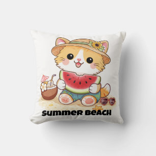 Adorable Summer Beach Cat  Throw Pillow