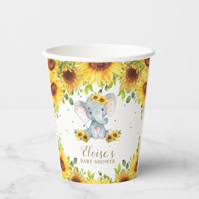 Adorable Sunflower Elephant Baby Shower Birthday Paper Cups (Front)