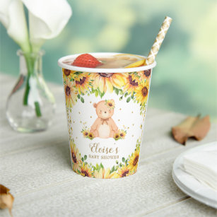 Adorable Sunflower Teddy Bear Baby Shower Birthday Paper Cups
